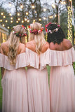 Pink Off the Shoulder Pink Ruffles Long Bridesmaid Dresses HZ0509