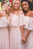 Simple Pink Off the Shoulder Pink Ruffles Long Bridesmaid Dresses HZ0509