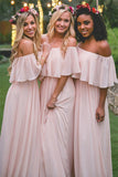 Simple Pink Off the Shoulder Pink Ruffles Long Bridesmaid Dresses HZ0509