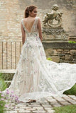 Line V Neck Lace Appliques Long Off White Prom Dresses Evening Dresses HZ0509