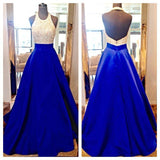 Neck Royal Blue Long Prom Dresses,Bodice Beads Evening Prom Dress Ball Gown HZ0509
