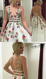 Line V Neck Flower Appliques Prom Dresses, Long Evening Dresses HZ0509