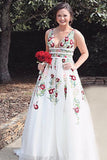 Line V Neck Flower Appliques Prom Dresses, Long Evening Dresses HZ0509