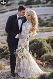 Vintage Long Sleeve Mermaid Lace Applique Wedding Dresses Beach Wedding Gown HZ0509