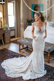 V-Neck Ruched Backless Lace Pockets Mermaid White Wedding Dress HZ0509