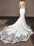 2025 Cheap Mermaid Lace Satin Ivory Spaghetti Straps V Neck Wedding Dresses HZ0509