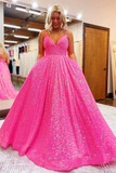 Shiny Hot Pink Sequins V Neck Backless Long Prom Dress HZ0509